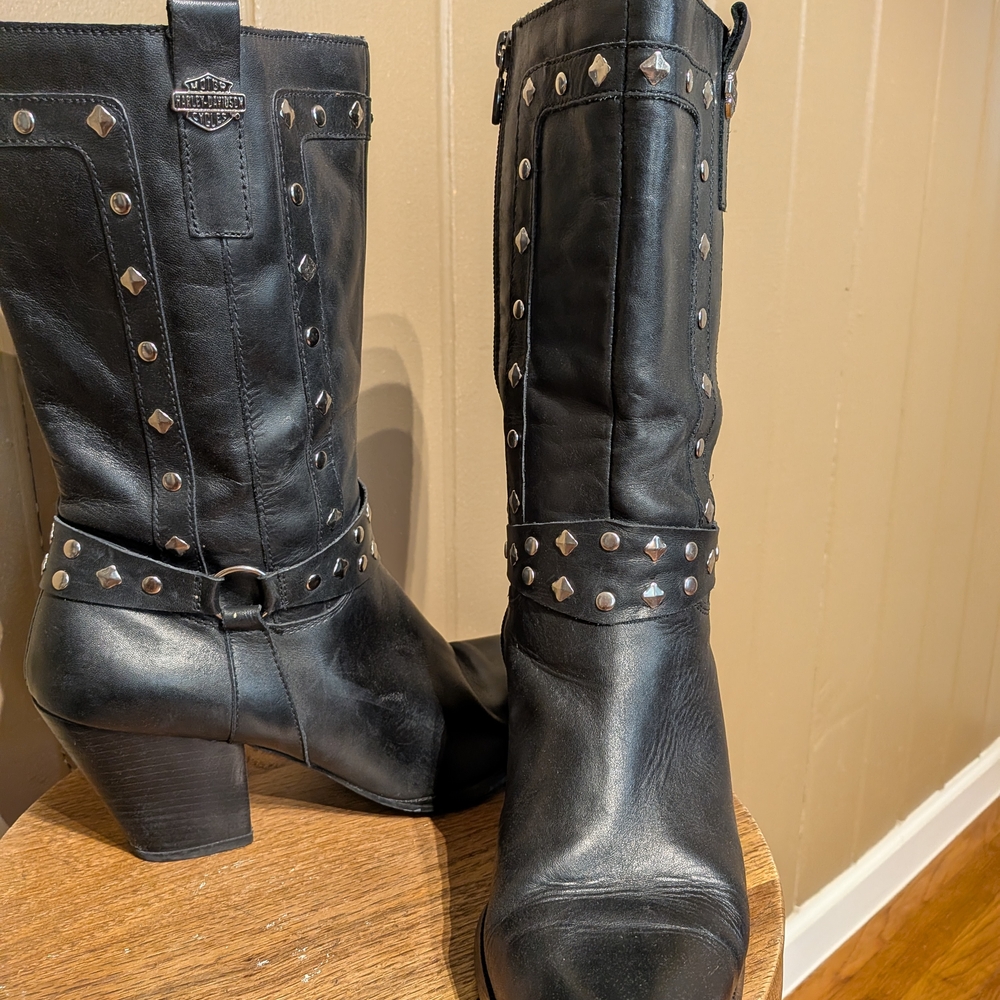 Harley-Davidson Black Leather Mid-Calf Studded Women's Boots